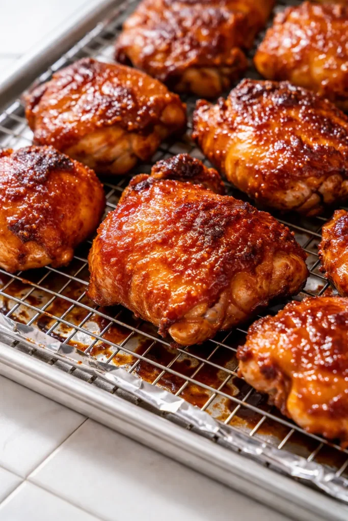 Baked orange chicken with glossy sticky-sweet sauce, crispy golden edges, and sesame seeds over white rice.
