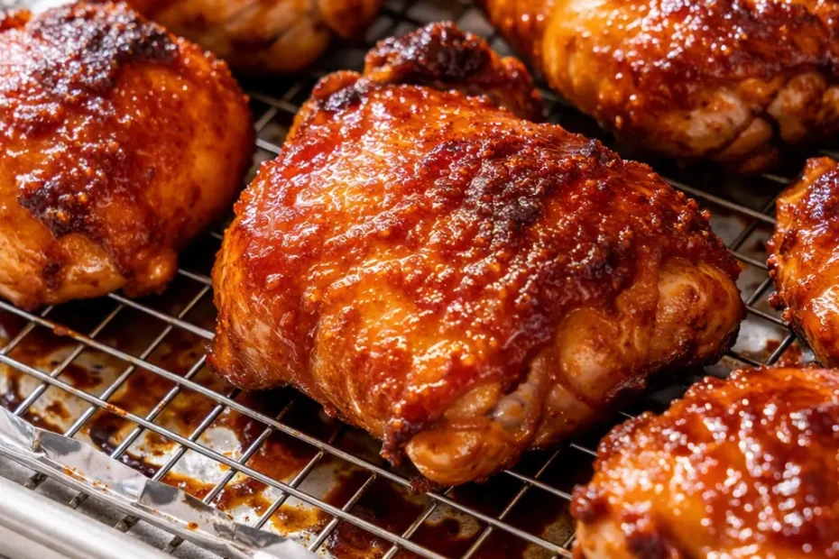 Baked orange chicken with glossy sticky-sweet sauce, crispy golden edges, and sesame seeds over white rice.