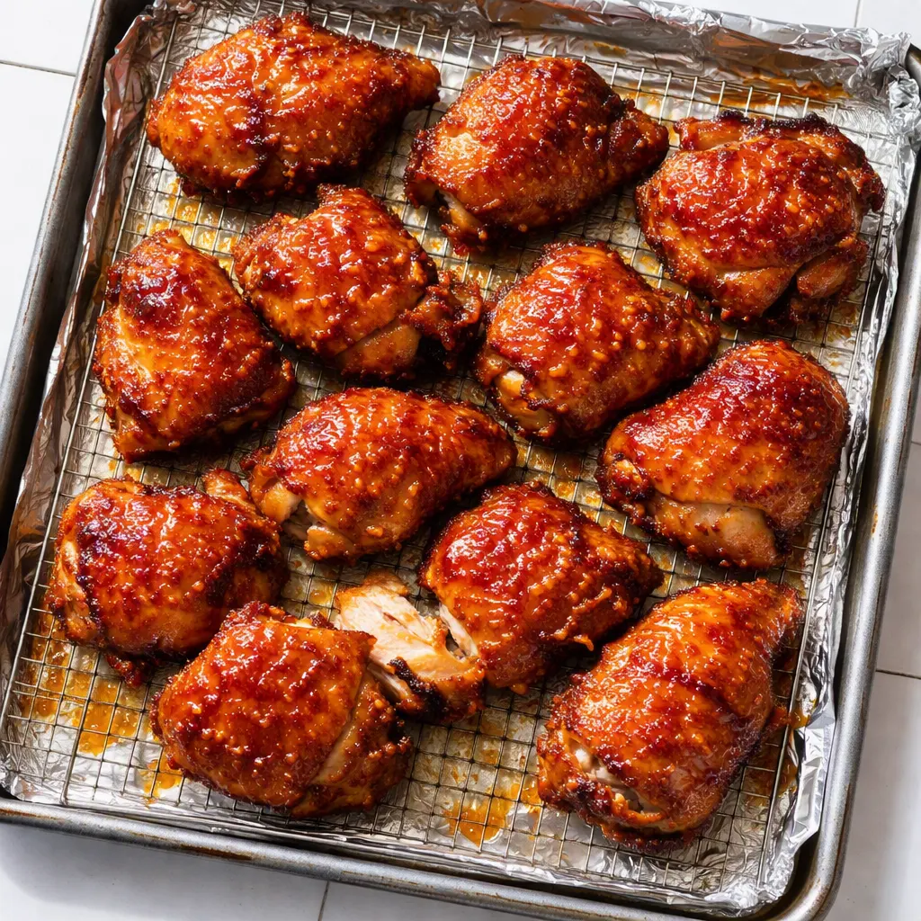 Baked orange chicken with glossy sticky sauce and caramelized crispy edges, garnished with sesame seeds and orange zest in a baking dish.