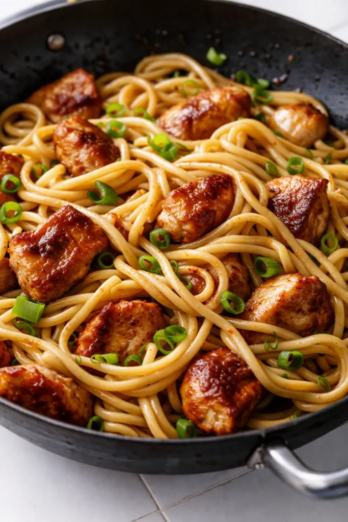 Savory chicken chow mein tossed with tender noodles, crunchy bell peppers, and carrots in a glossy soy glaze, topped with sesame seeds.