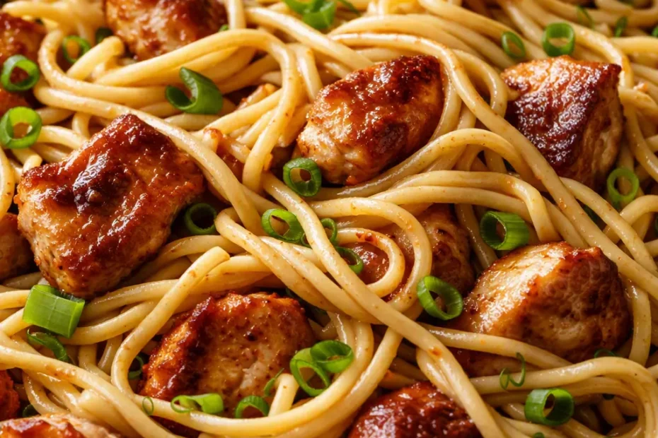 Savory chicken chow mein tossed with tender noodles, crunchy bell peppers, and carrots in a glossy soy glaze, topped with sesame seeds.