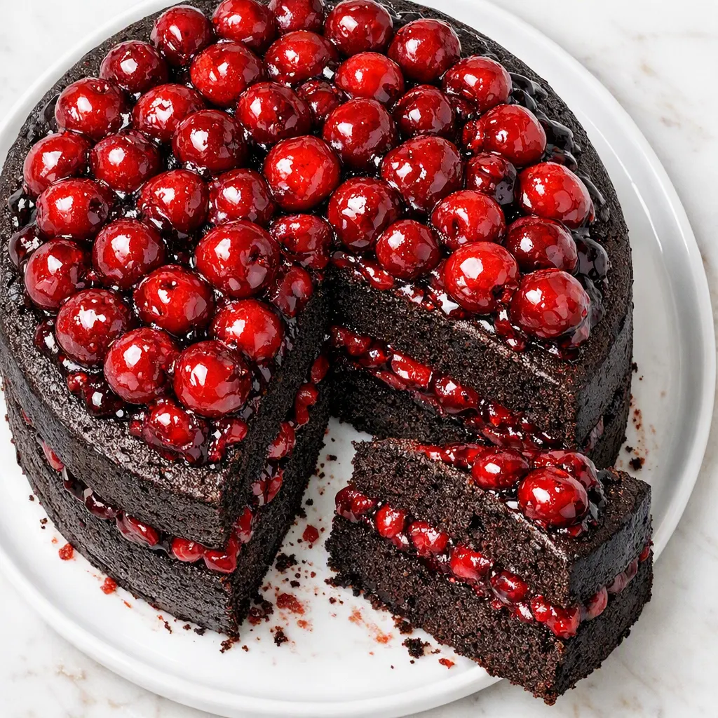 Dark chocolate sponge layers with sour cherry filling and real kirsch during Black Forest cake assembly.