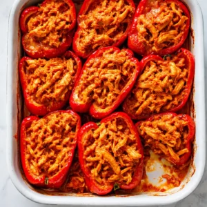 Buffalo chicken stuffed peppers with browned melted cheese and vibrant red bell peppers, showing crisp edges and a creamy filling.