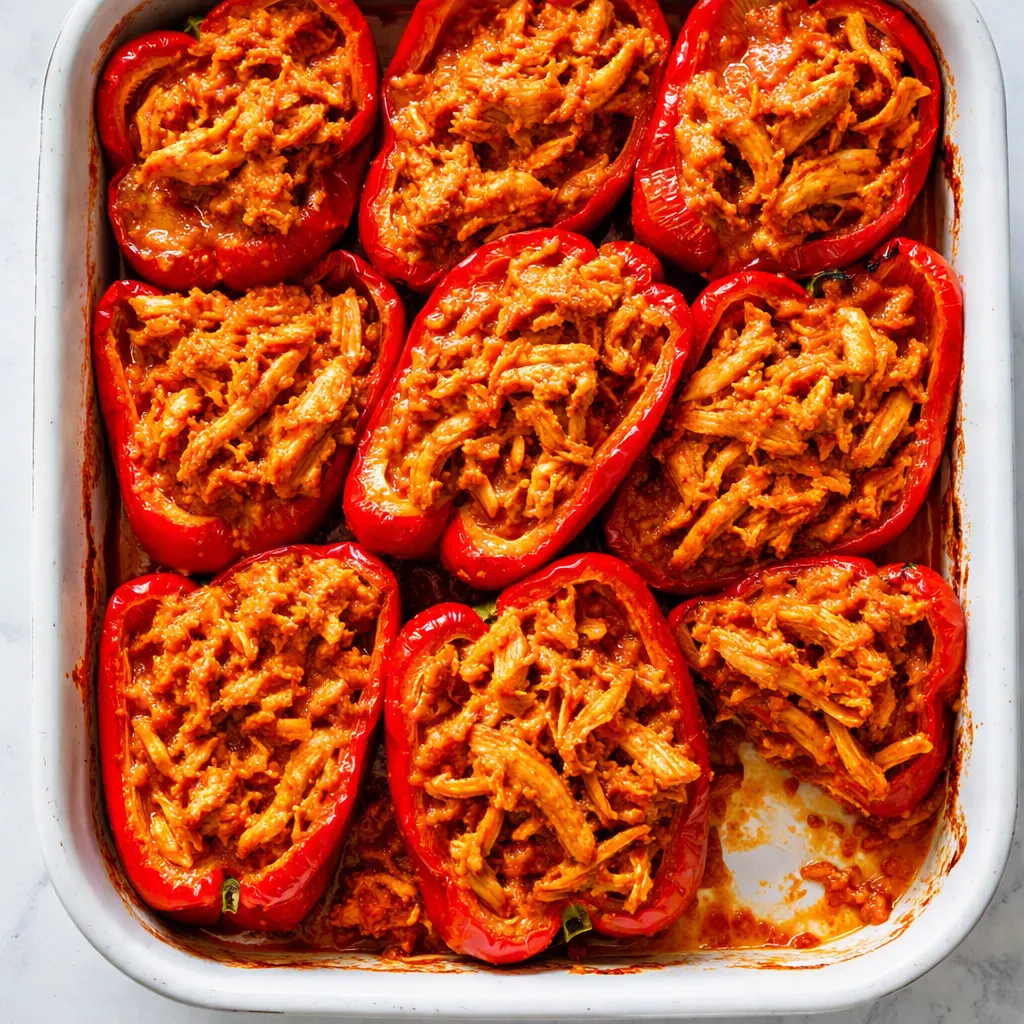 Buffalo chicken stuffed peppers with browned melted cheese and vibrant red bell peppers, showing crisp edges and a creamy filling.
