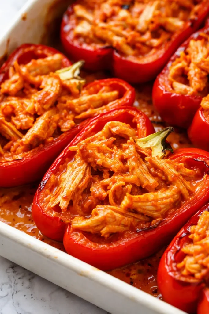 Buffalo chicken stuffed peppers with gooey melted cheese and fresh green onions, golden brown and juicy, served warm