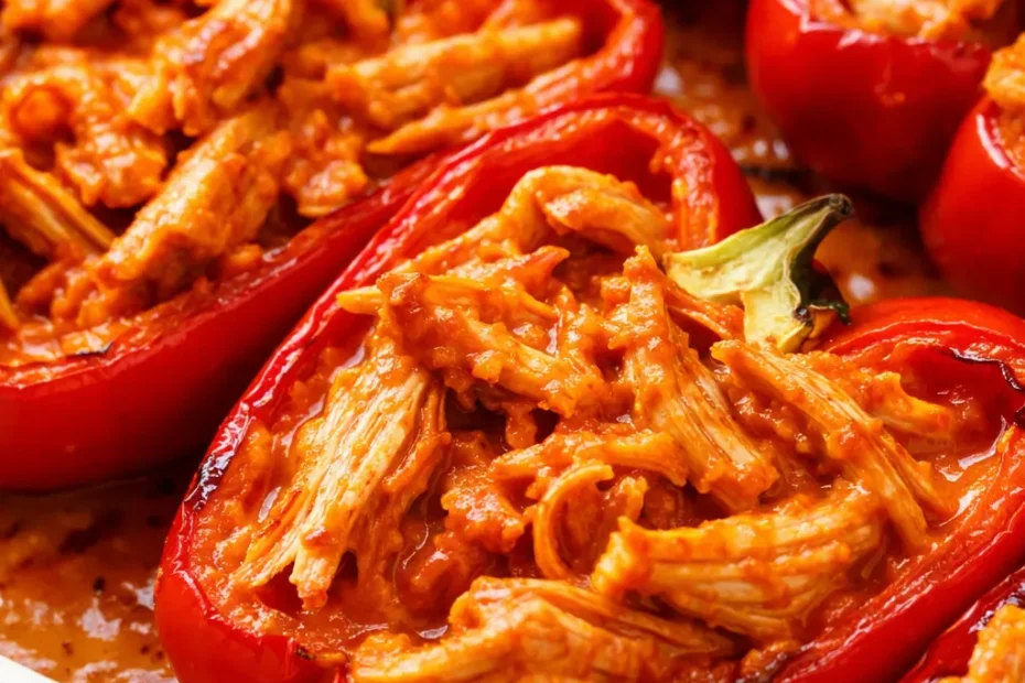 Buffalo chicken stuffed peppers with gooey melted cheese and fresh green onions, golden brown and juicy, served warm
