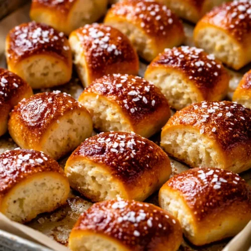 Golden brown buttery soft pretzel bites with coarse salt, soft and chewy inside, served warm