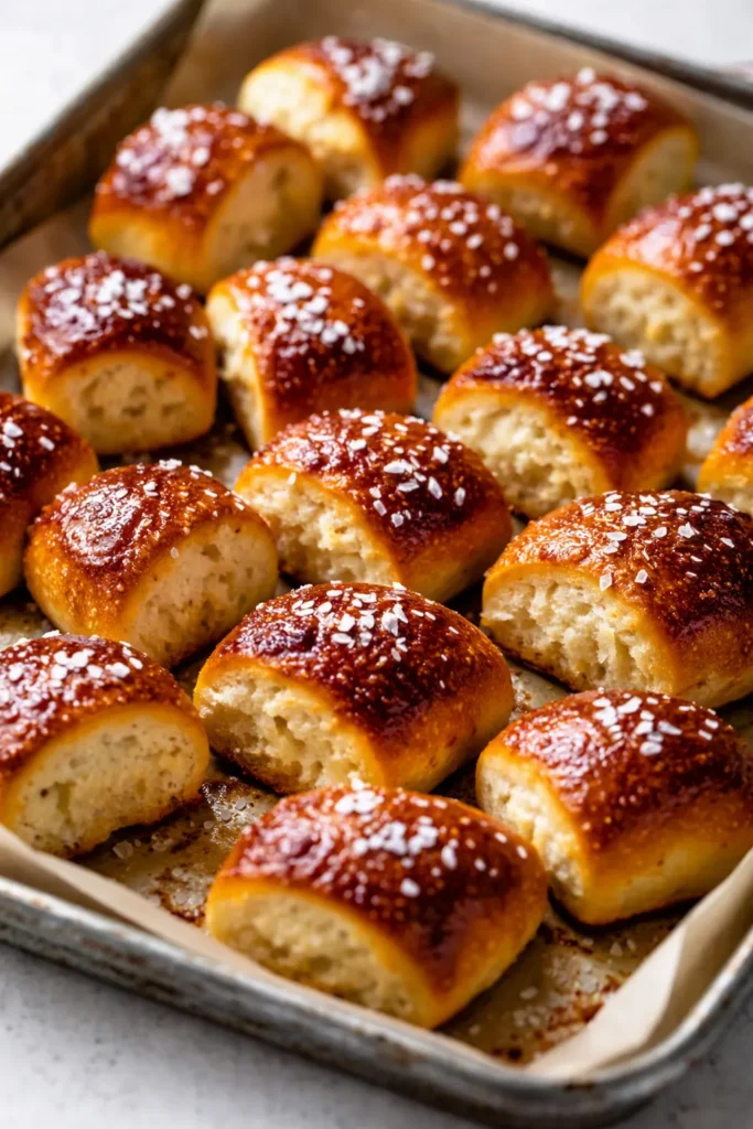 Golden brown buttery soft pretzel bites with coarse salt, soft and chewy inside, served warm