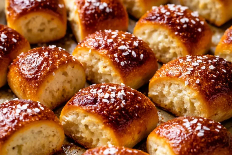 Golden brown buttery soft pretzel bites with coarse salt, soft and chewy inside, served warm