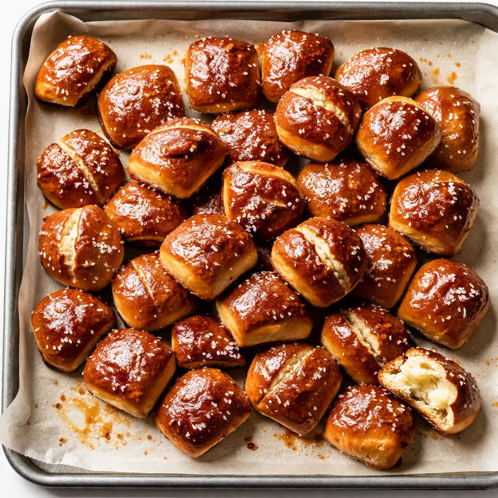 Brushing melted butter over golden buttery soft pretzel bites on a baking sheet, soft and fluffy.