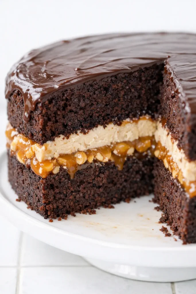 Moist chocolate Snickers Cake slice with layers of caramel, peanuts, and nougat, topped with chocolate ganache and peanut pieces