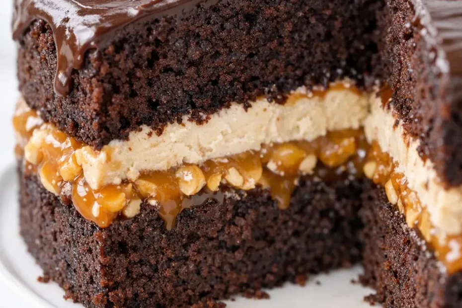 Moist chocolate Snickers Cake slice with layers of caramel, peanuts, and nougat, topped with chocolate ganache and peanut pieces