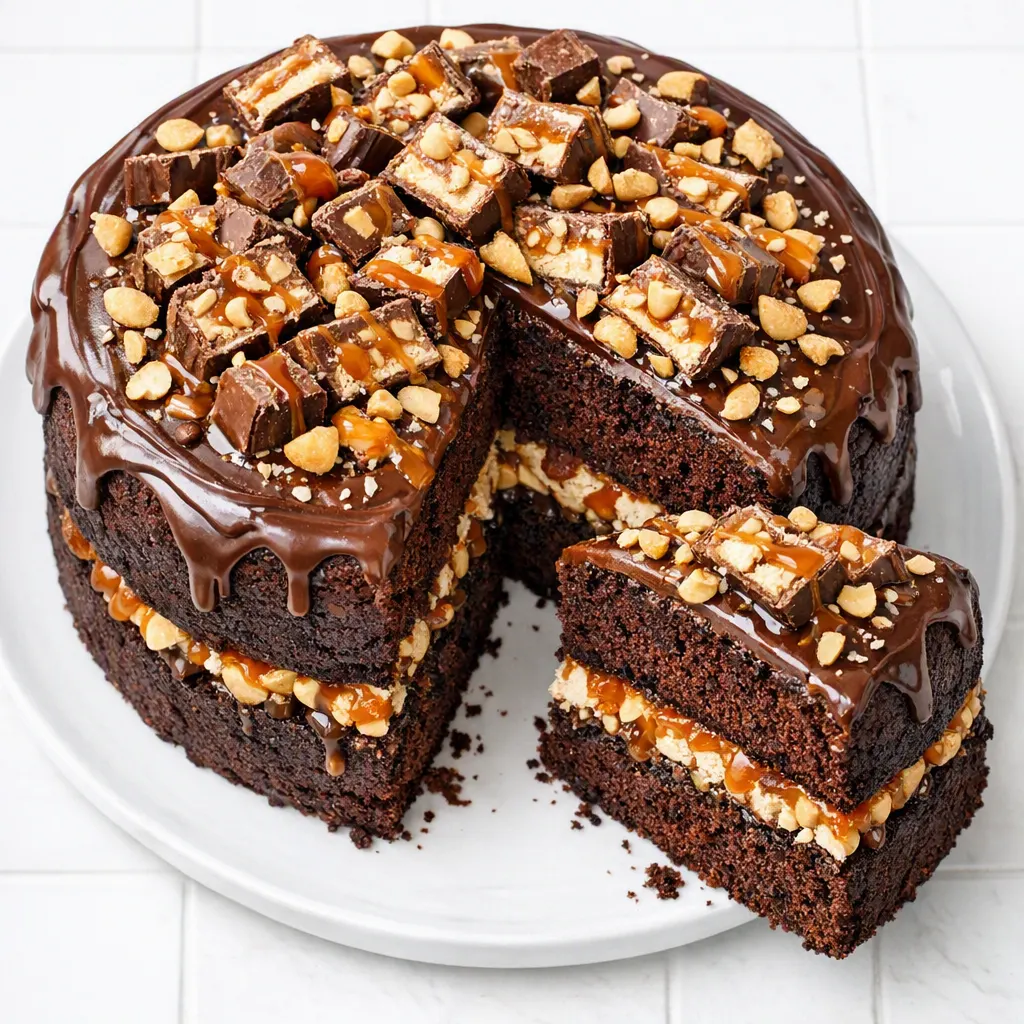 Assembling a homemade Chocolate Snickers Cake with layers of moist chocolate sponge, caramel, and roasted peanuts.