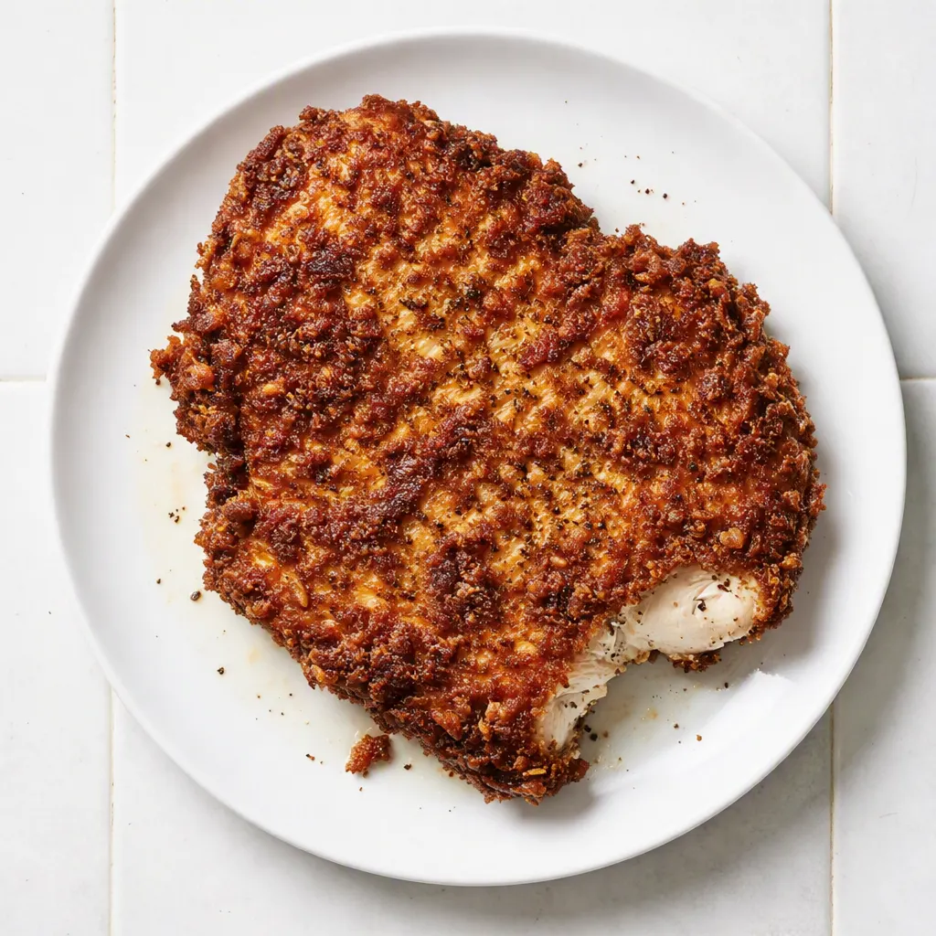 Golden crispy country fried chicken bathed in creamy gravy with crunchy texture visible