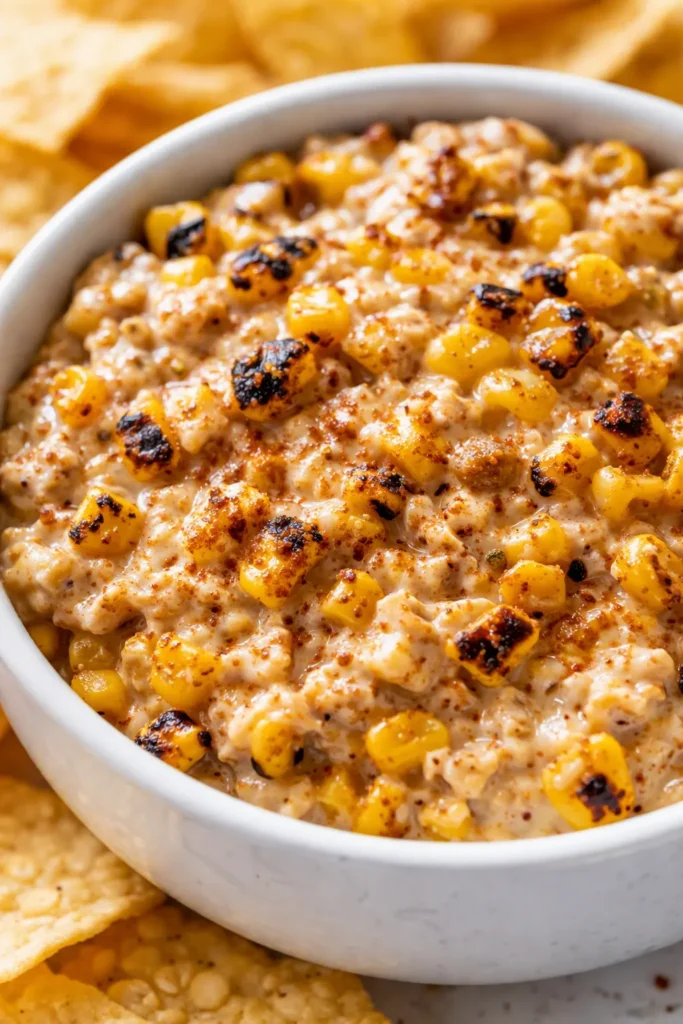 Creamy cowboy corn dip in a rustic bowl, topped with jalapeño slices and cilantro, served with tortilla chips.