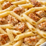 Creamy chicken penne pasta with silky smooth sauce, tender chicken pieces, and a rich golden color, garnished with fresh parsley.