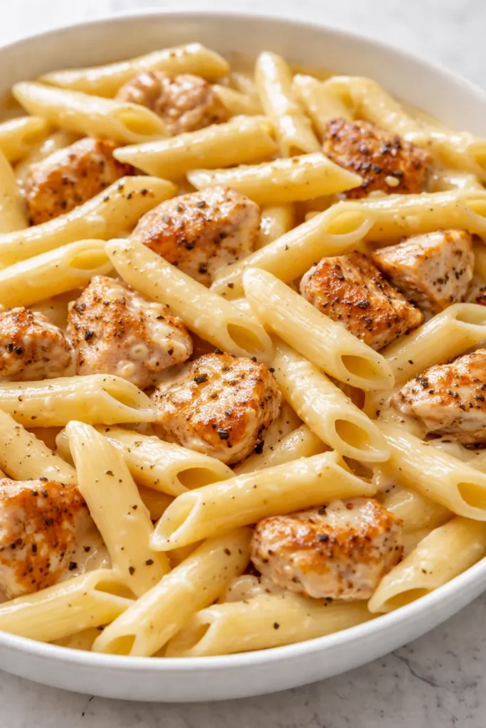 Creamy chicken penne pasta with silky smooth sauce, tender chicken pieces, and a rich golden color, garnished with fresh parsley.