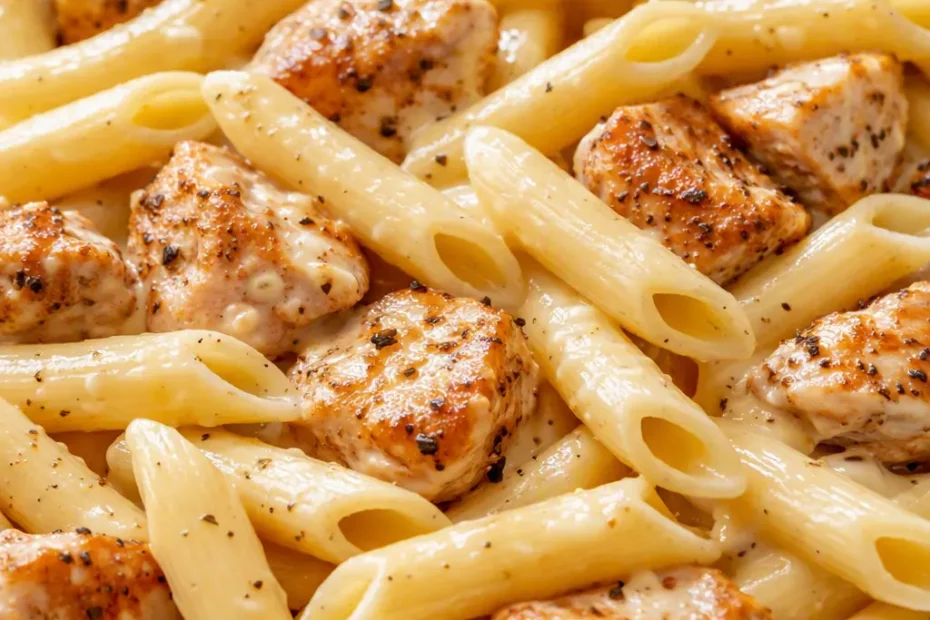 Creamy chicken penne pasta with silky smooth sauce, tender chicken pieces, and a rich golden color, garnished with fresh parsley.