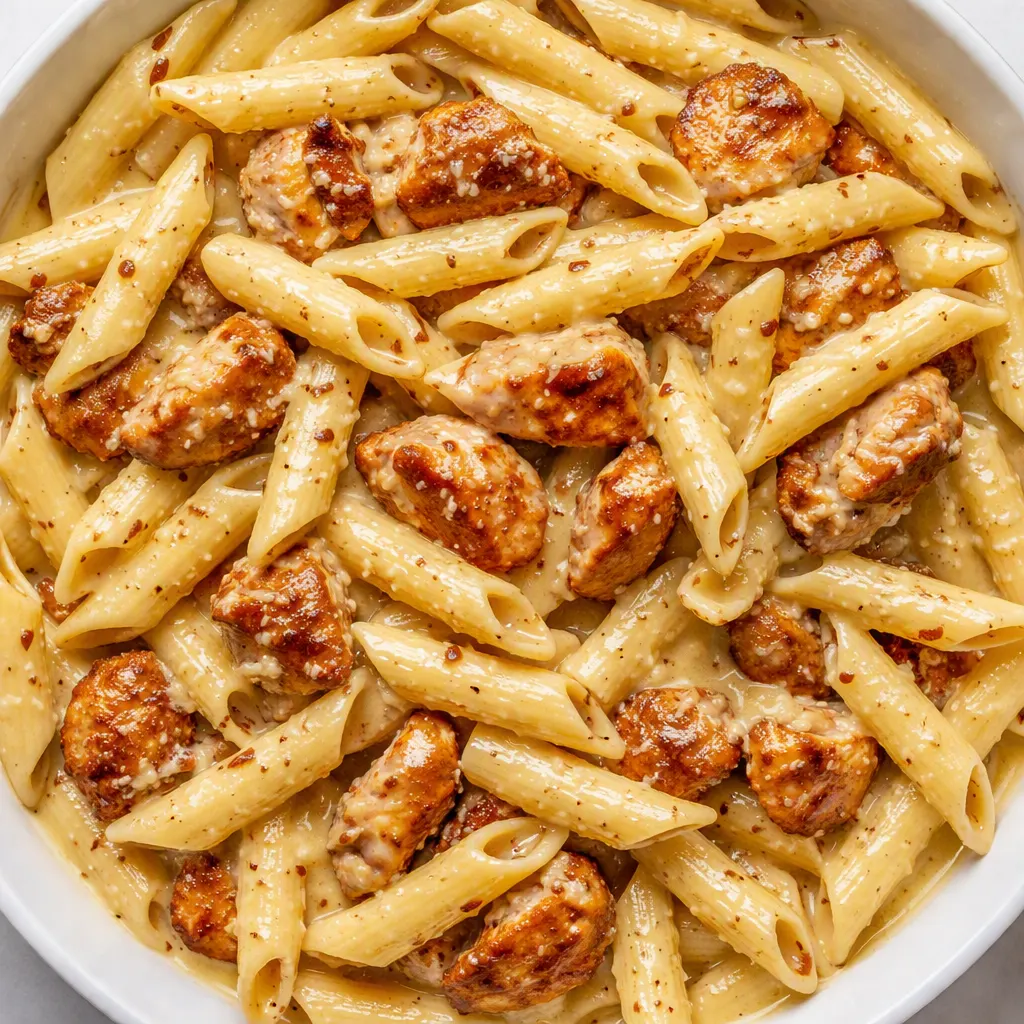 Silky creamy chicken penne pasta being stirred in a skillet, with tender chicken pieces and a glossy sauce coating every noodle.
