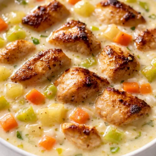Creamy chicken potato soup in a rustic bowl, garnished with fresh parsley and cracked black pepper, showing its smooth, velvety texture.