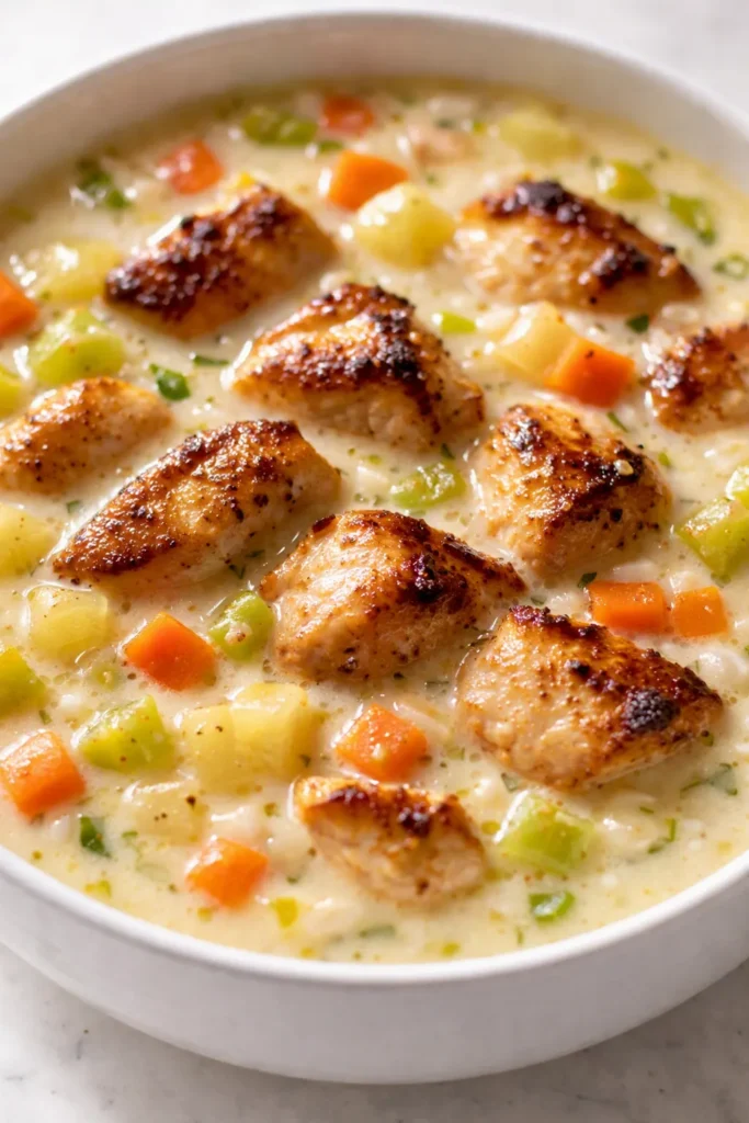 Creamy chicken potato soup in a rustic bowl, garnished with fresh parsley and cracked black pepper, showing its smooth, velvety texture.