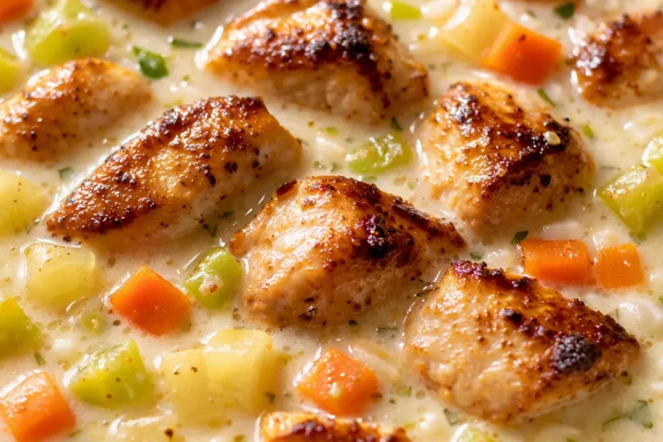 Creamy chicken potato soup in a rustic bowl, garnished with fresh parsley and cracked black pepper, showing its smooth, velvety texture.