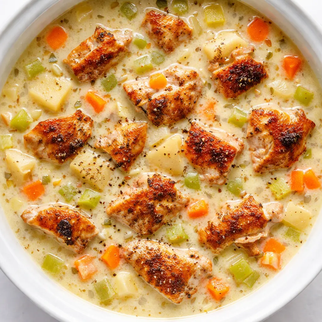 Creamy chicken potato soup simmering in a pot with diced potatoes and herbs, velvety texture, golden steam rising.