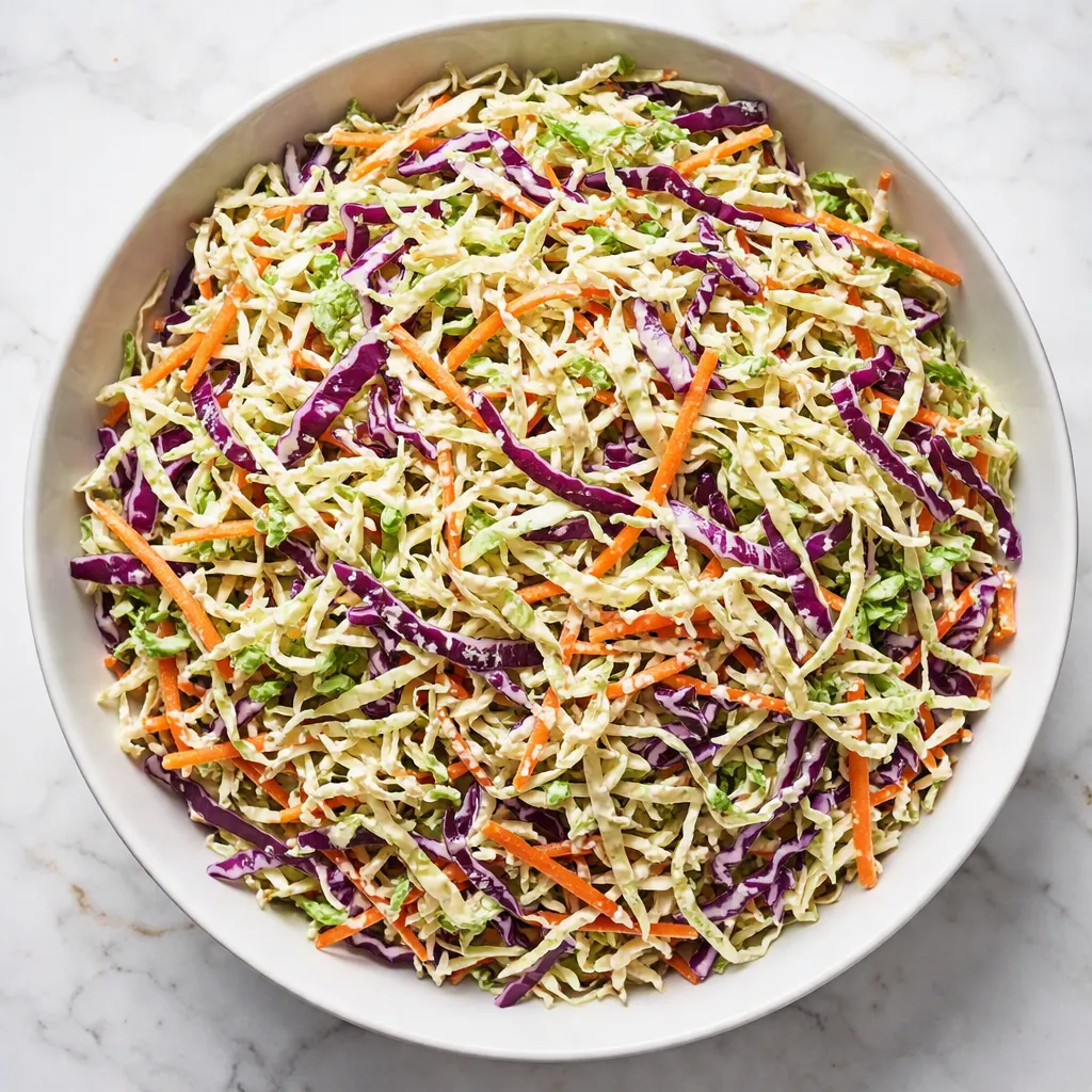 Thick creamy coleslaw dressing being stirred into shredded green cabbage in a stainless steel bowl, spoon lifting the crisp mixture.