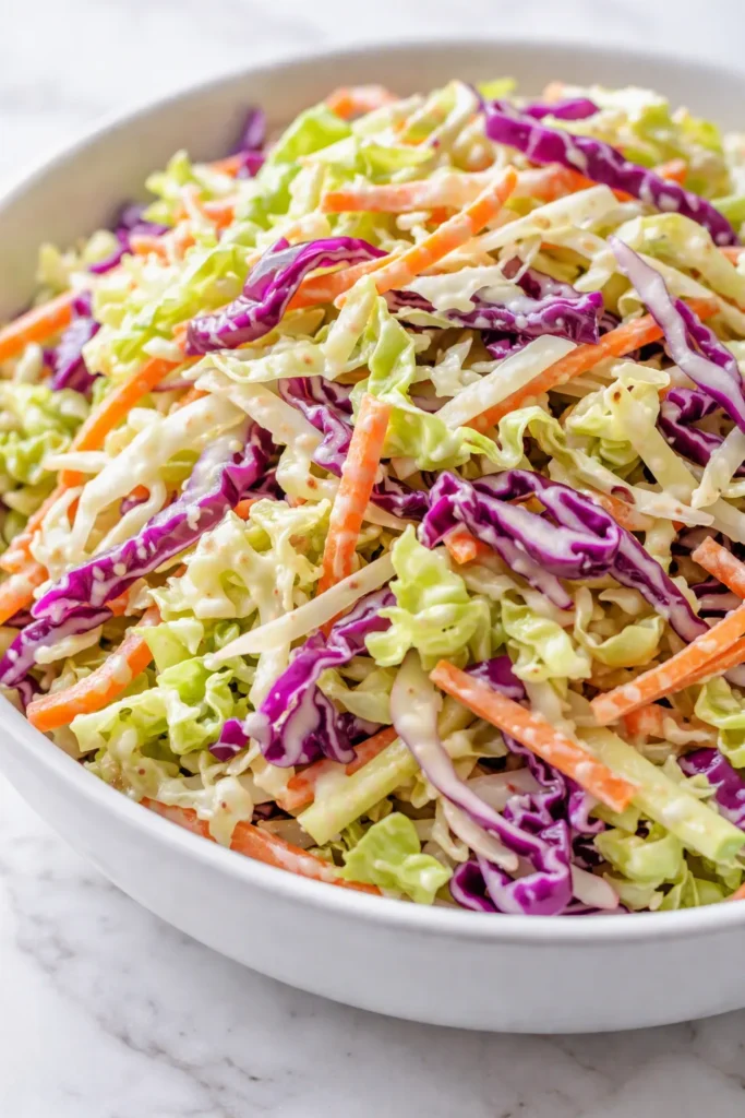 Creamy coleslaw recipe in a ceramic bowl, shredded white and red cabbage with carrots in a thick, pale dressing, garnished with fresh parsley.