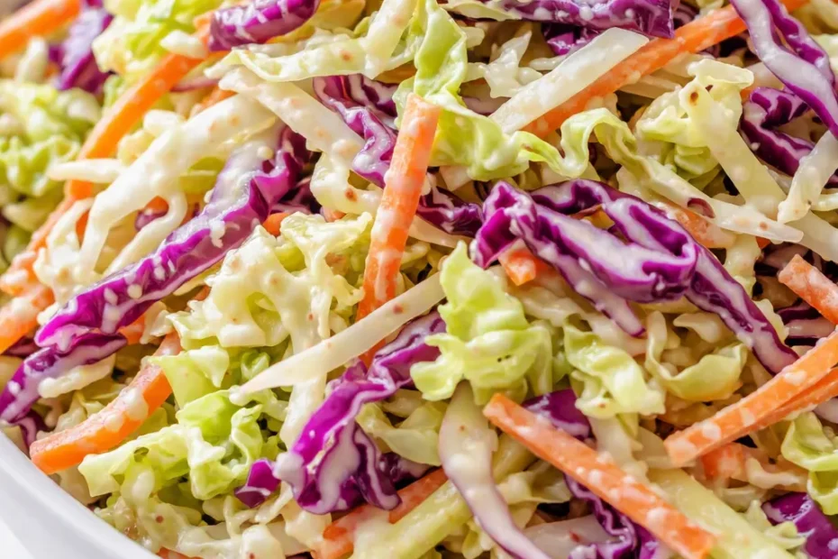 Creamy coleslaw recipe in a ceramic bowl, shredded white and red cabbage with carrots in a thick, pale dressing, garnished with fresh parsley.
