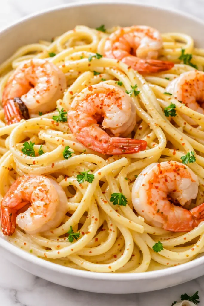 Creamy garlic butter shrimp pasta with plump shrimp in a silky sauce, garnished with parsley and parmesan.