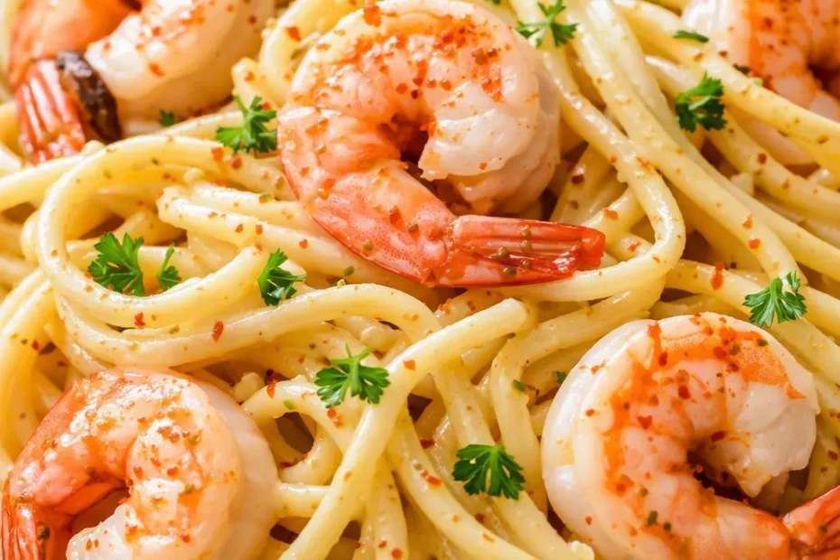 Creamy garlic butter shrimp pasta with plump shrimp in a silky sauce, garnished with parsley and parmesan.