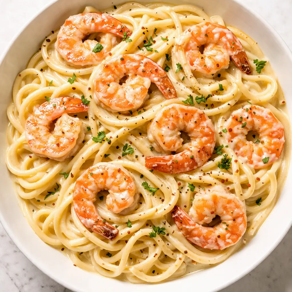 Creamy garlic butter shrimp pasta tossed in a pan, with a rich, glossy sauce coating every strand