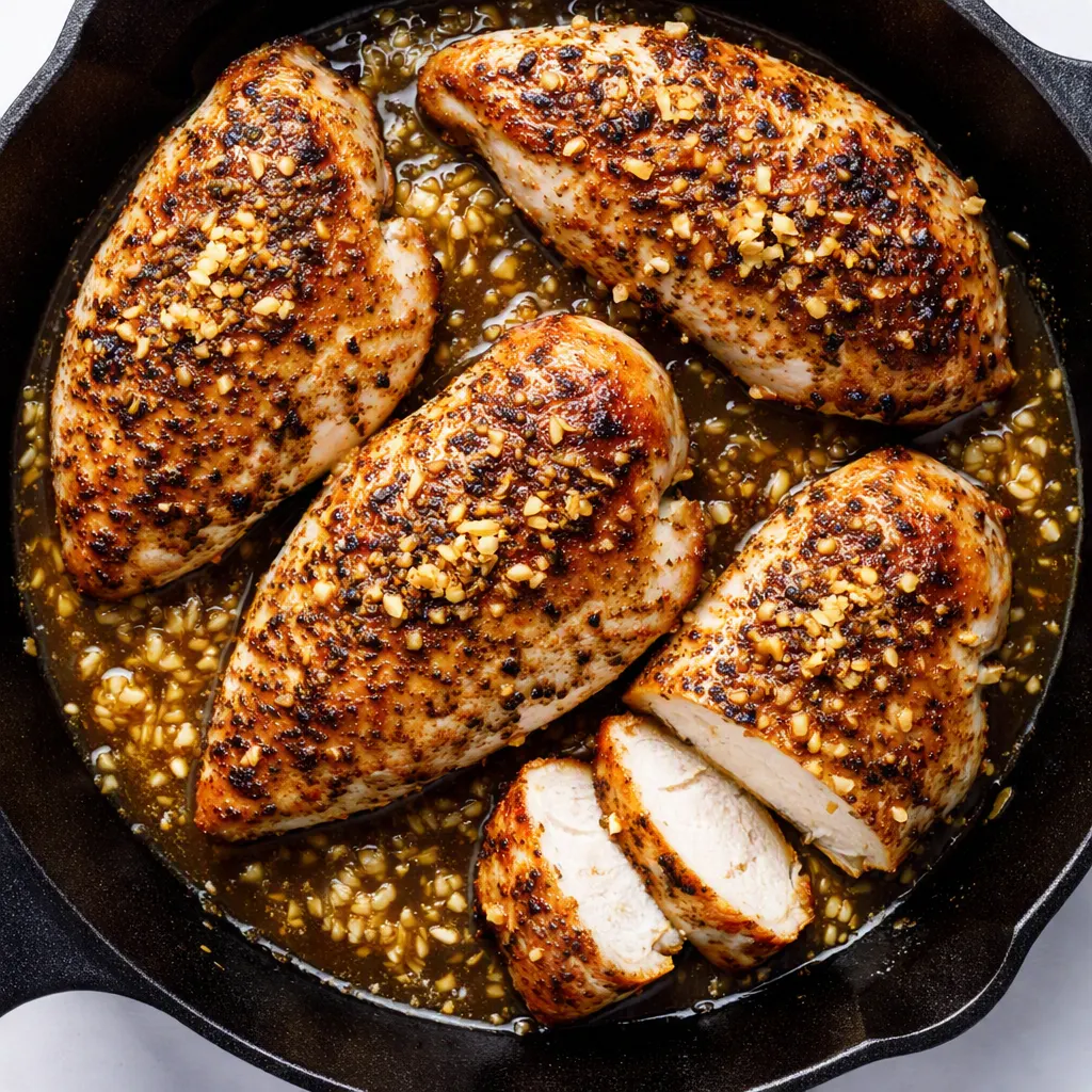 Creamy ranch chicken in a skillet with rich golden sauce, tender pieces, and herb garnish.