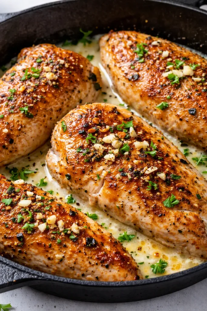Juicy creamy ranch chicken breasts in a rich white sauce, garnished with parsley, in a cast iron skillet.