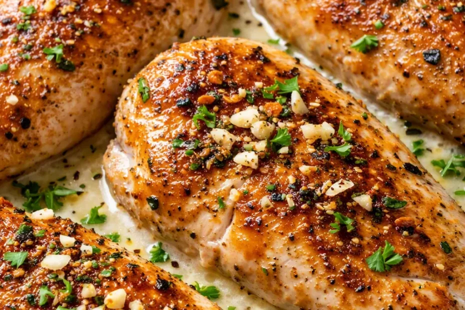 Juicy creamy ranch chicken breasts in a rich white sauce, garnished with parsley, in a cast iron skillet.