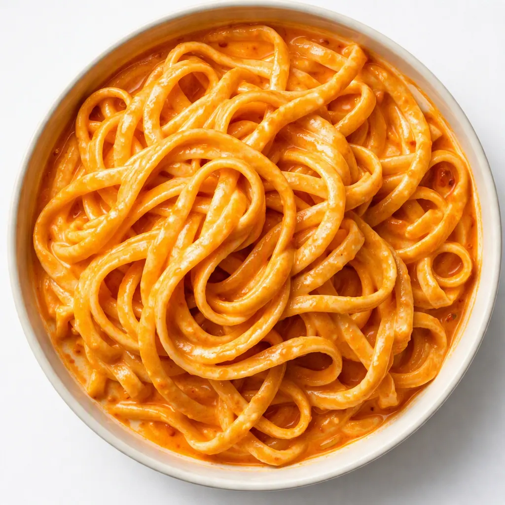 Whisking creamy red pepper Alfredo sauce in a skillet, its smooth velvety texture and vibrant red color glossy.