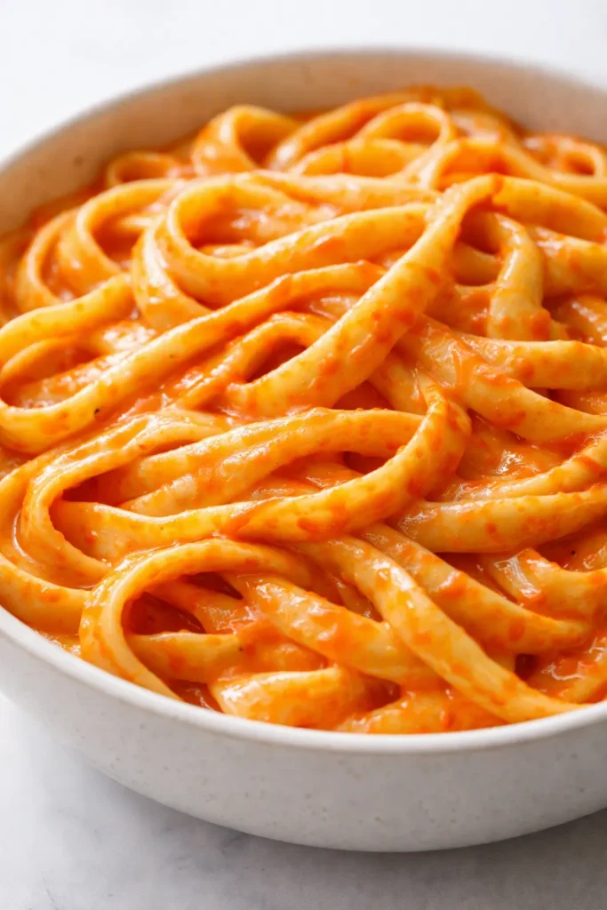 Creamy red pepper alfredo sauce coating fettuccine pasta with vibrant orange color and smooth velvety texture