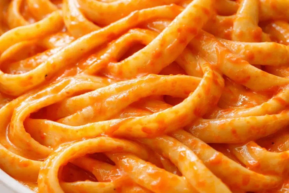 Creamy red pepper alfredo sauce coating fettuccine pasta with vibrant orange color and smooth velvety texture