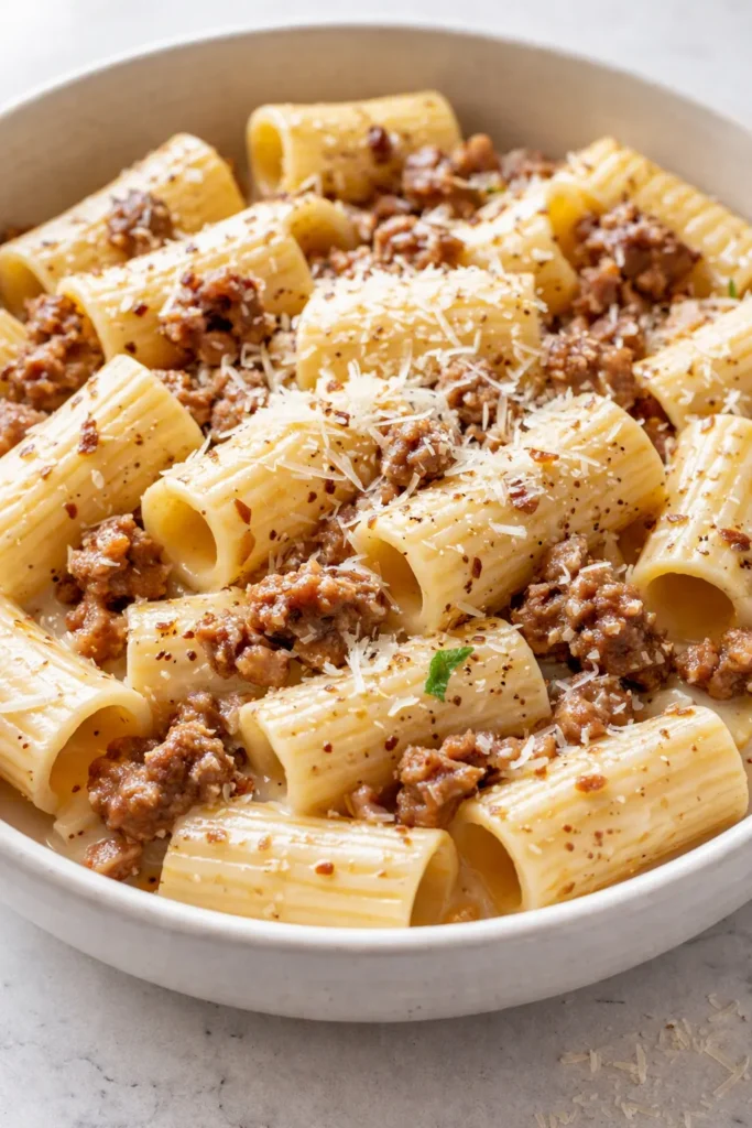 Creamy rigatoni with Italian sausage in a rich tomato cream sauce, topped with Parmesan and fresh basil.
