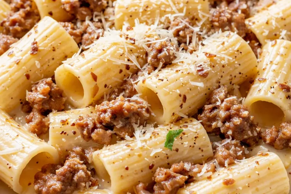 Creamy rigatoni with Italian sausage in a rich tomato cream sauce, topped with Parmesan and fresh basil.