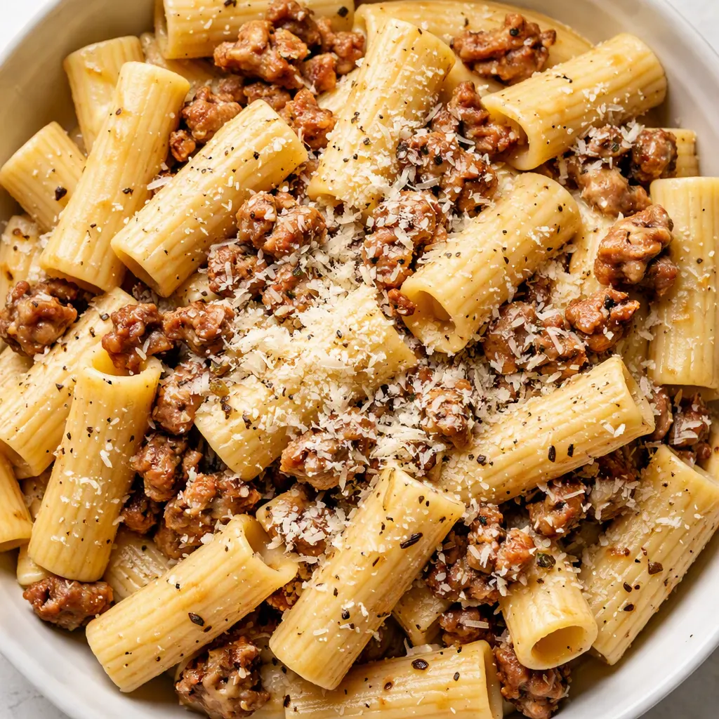 A pot of creamy rigatoni with Italian sausage being stirred, showing rich tomato sauce and melting cheese.