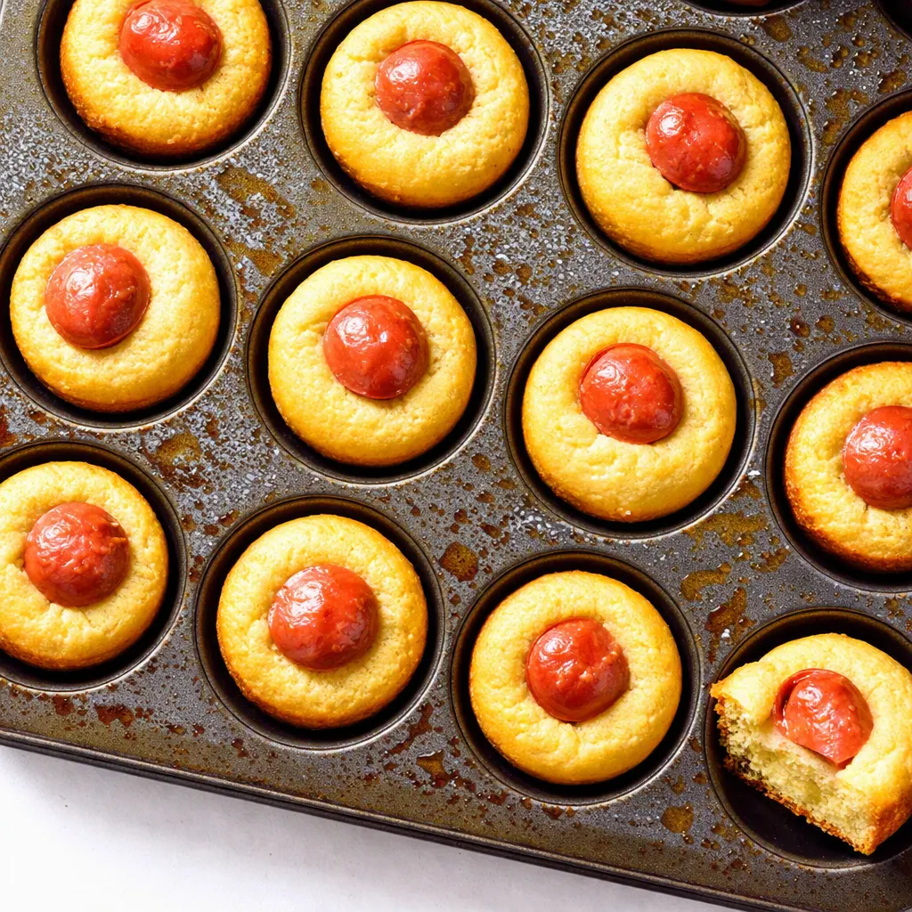 Golden brown crispy baked corn dog bites on a baking sheet with honey mustard dipping sauce.