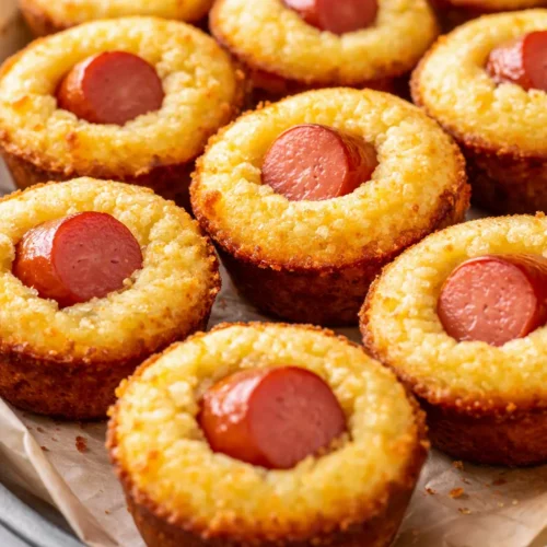Golden crispy baked corn dog bites with a crunchy cornmeal coating, served with ketchup and mustard on a wooden board.