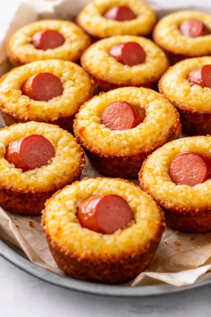 Golden crispy baked corn dog bites with a crunchy cornmeal coating, served with ketchup and mustard on a wooden board.