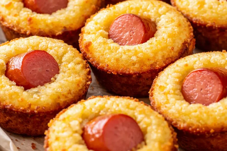 Golden crispy baked corn dog bites with a crunchy cornmeal coating, served with ketchup and mustard on a wooden board.