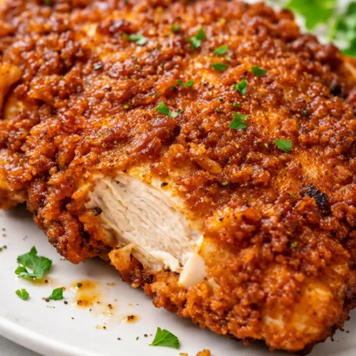 Golden-brown crispy country fried chicken with creamy gravy over the crunchy crust, served on a white plate.