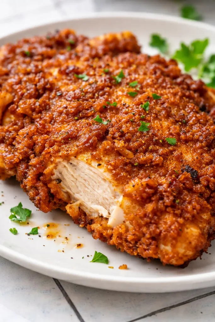 Golden-brown crispy country fried chicken with creamy gravy over the crunchy crust, served on a white plate.