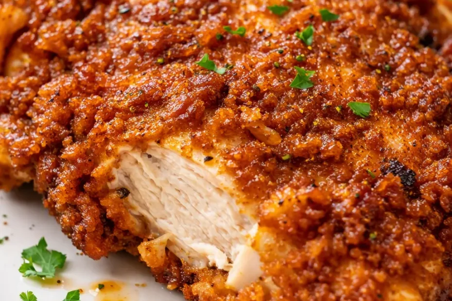 Golden-brown crispy country fried chicken with creamy gravy over the crunchy crust, served on a white plate.