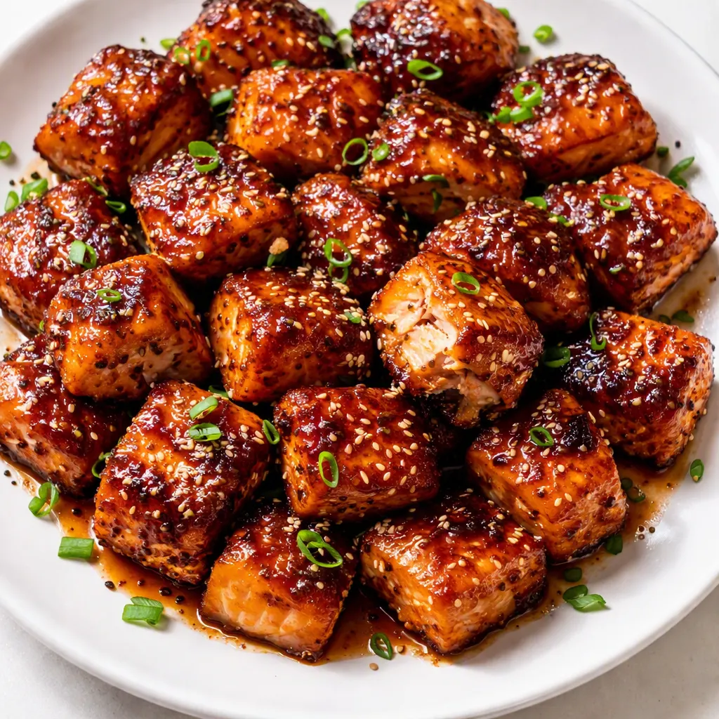 Crispy honey garlic salmon bites with golden-brown crust, coated in thick glossy honey garlic sauce with fresh garlic pieces.
